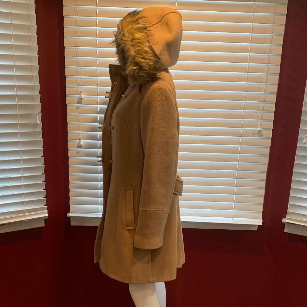 Woman’s Calvin Klein XL Tan Removable Faux Fur Hooded Wool Blend Coat - Picture 3 of 12